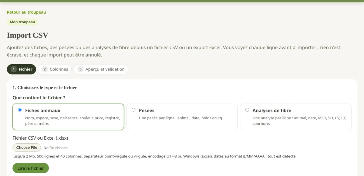 Import CSV : choix du type de fichier.