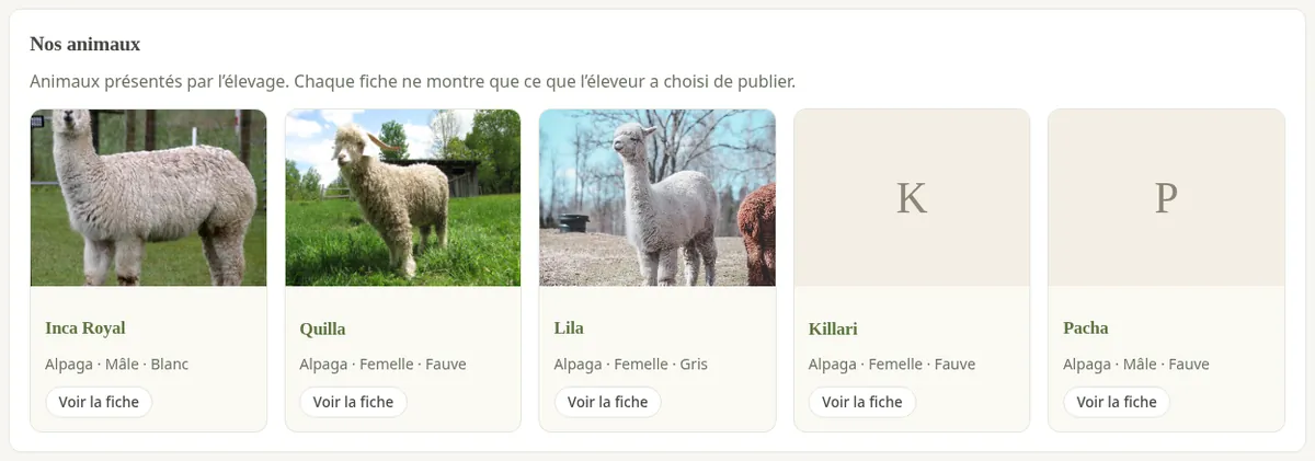 Vitrine sur la page publique d’un élevage.